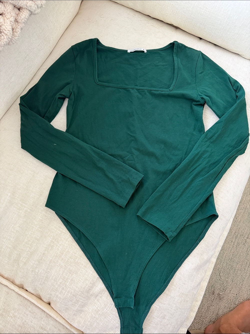Mangopop Long Sleeve Square Neck Bodysuit in Dark Green